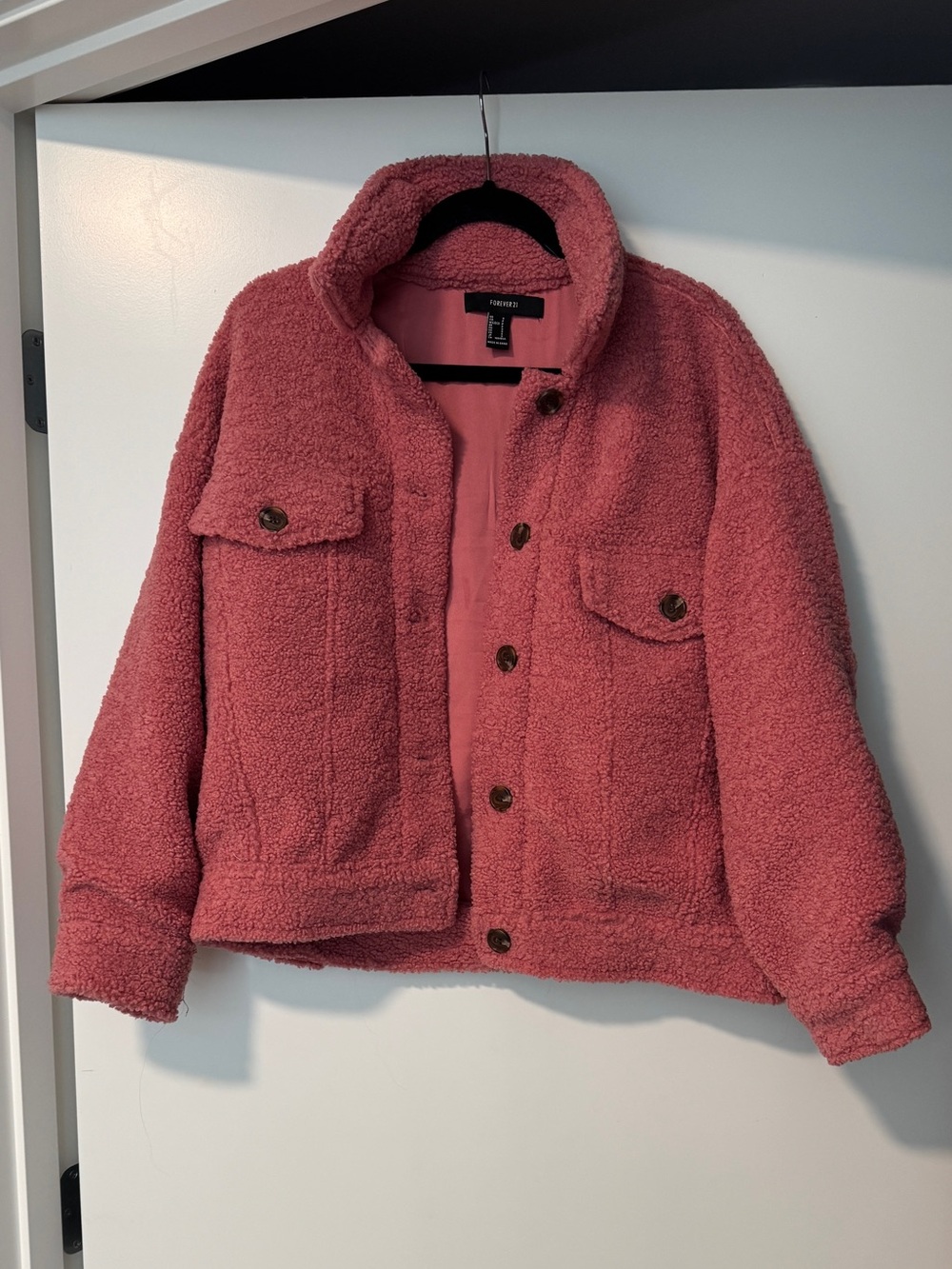 Forever 21 Pink Teddy Fleece Button-Up Jacket- Size Small